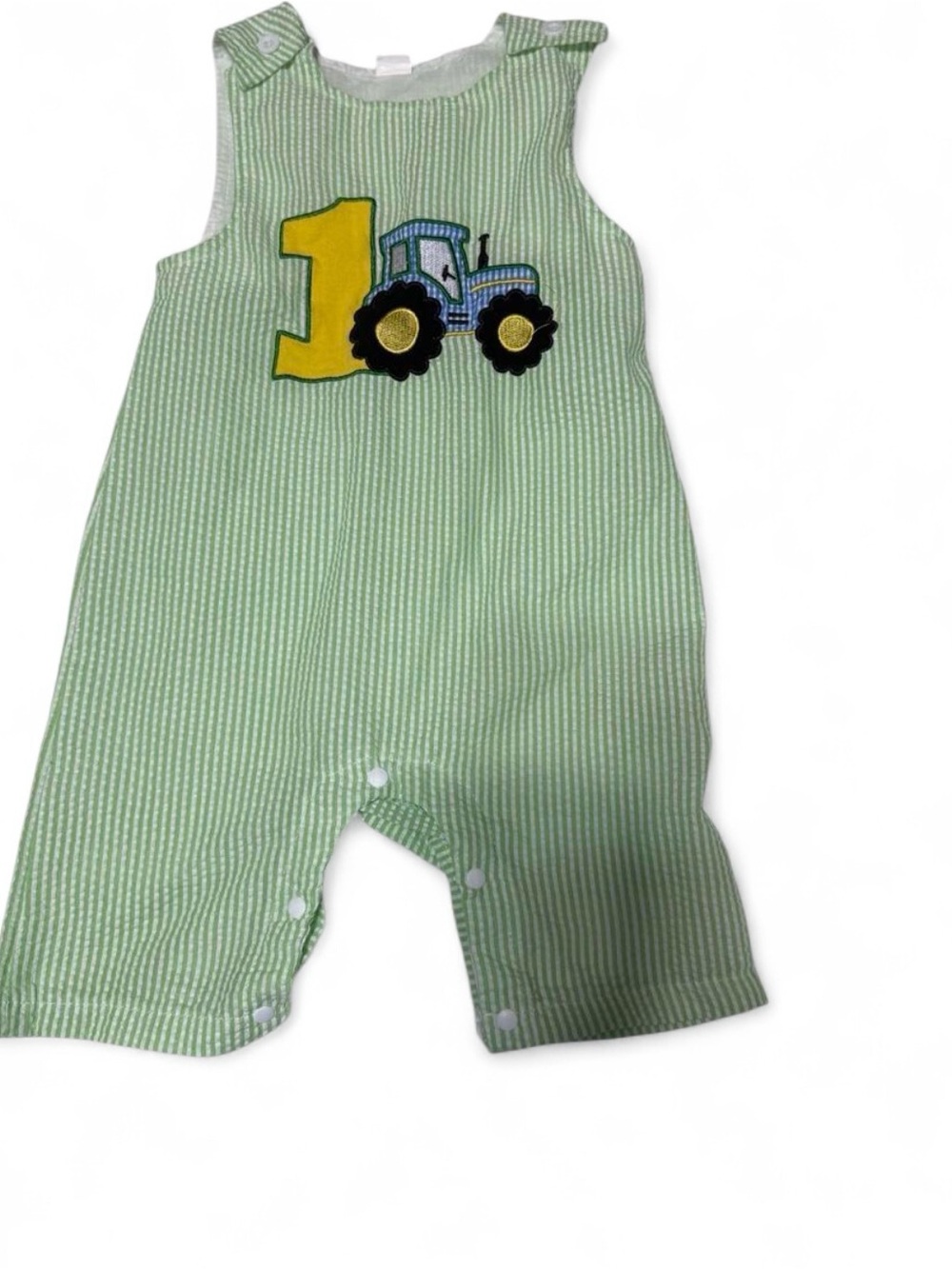 Baby Green Seersucker Tractor Romper